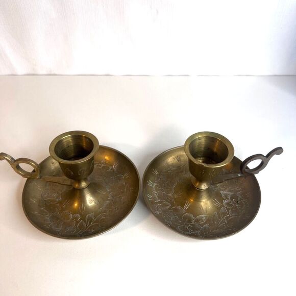 Pair Vintage Brass Candlestick Chamber Stick Finger Holder MCM Etched Floral - Picture 1 of 14